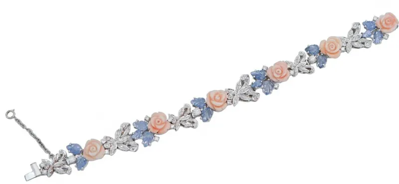Pamono White Gold Bracelet with Coral and Sapphires and Diamonds> Bracelets