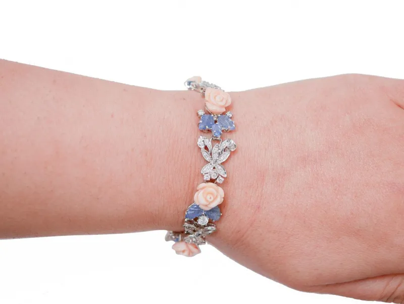 Pamono White Gold Bracelet with Coral and Sapphires and Diamonds> Bracelets