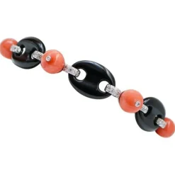 Pamono White Gold Bracelet with Coral and Black Agate> Bracelets