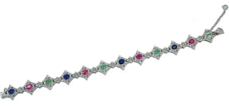 Pamono White Gold Bracelet with Emeralds and Rubies> Bracelets
