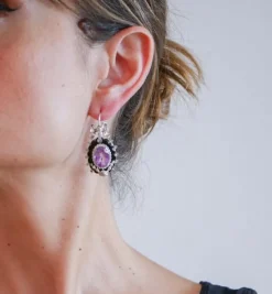 Pamono White Gold Earrings with Amethysts, Tsavorite, Diamonds and Enamel, Set of 2><noscript><img width=
