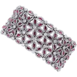 Pamono White Gold Flower Themed Bracelet with White Diamonds and Rubies> Bracelets