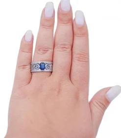 Pamono White Gold Ring with Sapphires and Diamonds><noscript><img width=