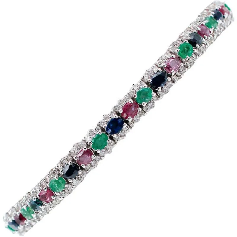 Pamono White Gold Tennis Bracelet with Emeralds and Rubies and Sapphires and Diamonds