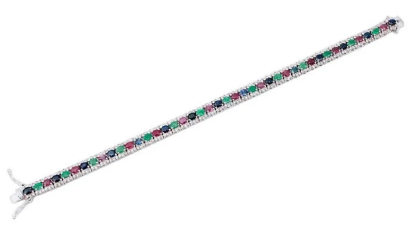 Pamono White Gold Tennis Bracelet with Emeralds and Rubies and Sapphires and Diamonds
