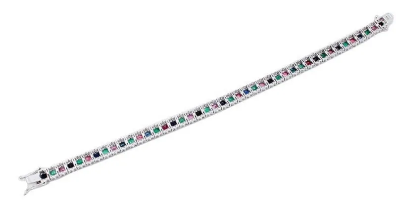 Pamono White Gold Tennis Bracelet with Emeralds and Rubies and Sapphires and Diamonds
