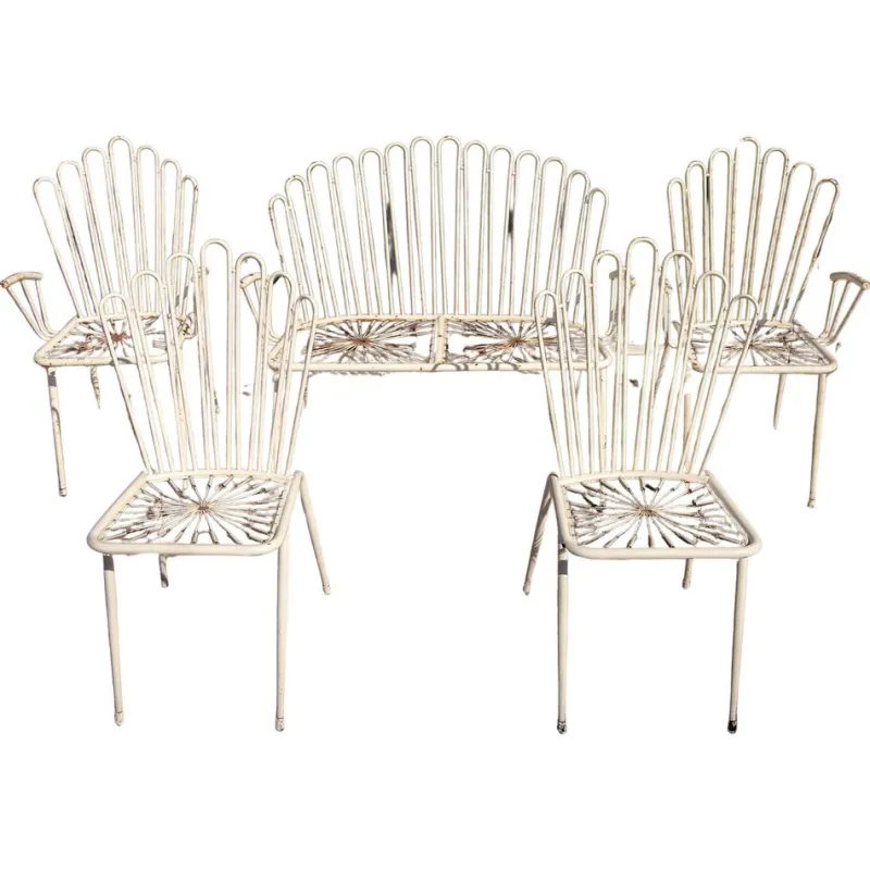 Discount Pamono White Painted Wrought Iron and Metal Bistro Chairs and Sofa in the style of Mathieu Matégot, France, 1950s, Set of 5