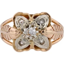 Pamono White Sapphires and 18 Karat Rose Gold Feather Clover Ring, 1960s> Rings