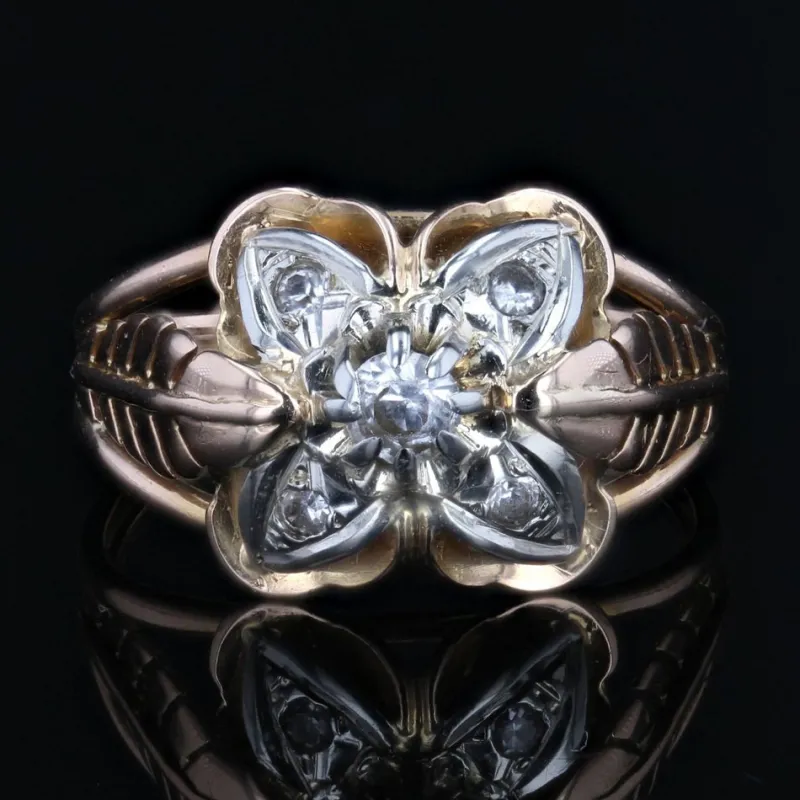 Pamono White Sapphires and 18 Karat Rose Gold Feather Clover Ring, 1960s> Rings