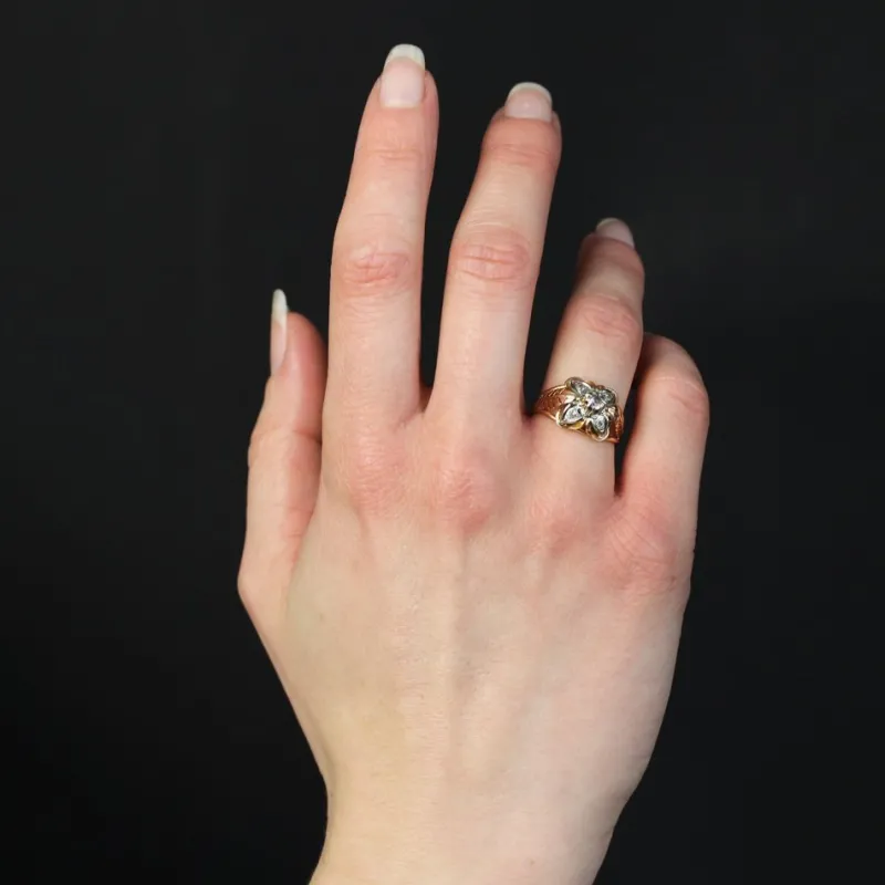 Pamono White Sapphires and 18 Karat Rose Gold Feather Clover Ring, 1960s> Rings