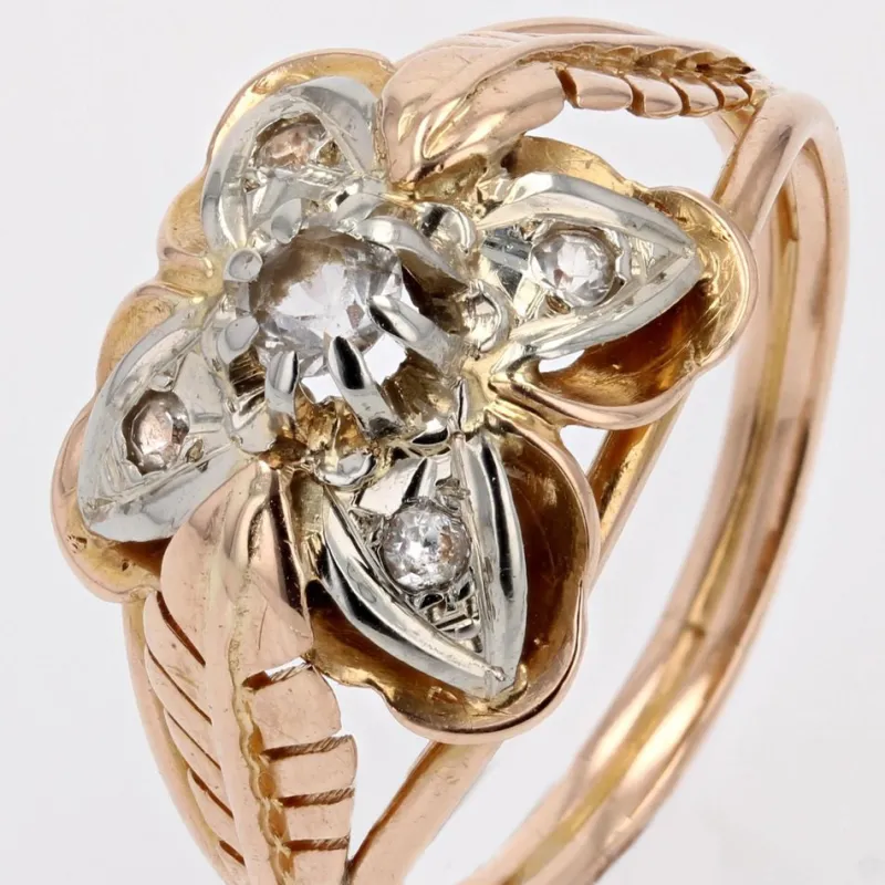 Pamono White Sapphires and 18 Karat Rose Gold Feather Clover Ring, 1960s> Rings