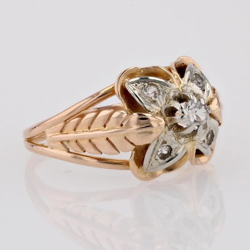 Pamono White Sapphires and 18 Karat Rose Gold Feather Clover Ring, 1960s> Rings
