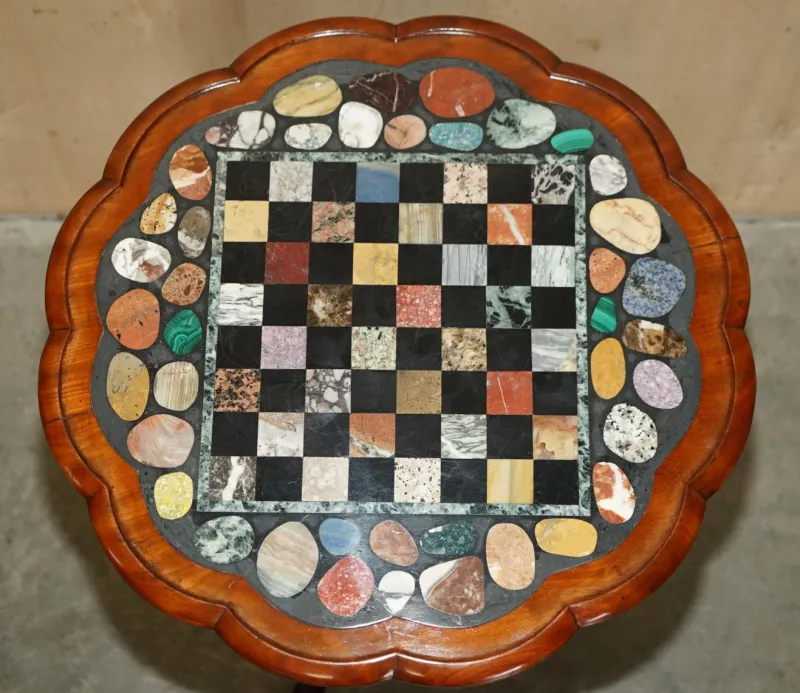 Pamono William IV Marble Chess Board Table with Pietra Dura Top, 1830s