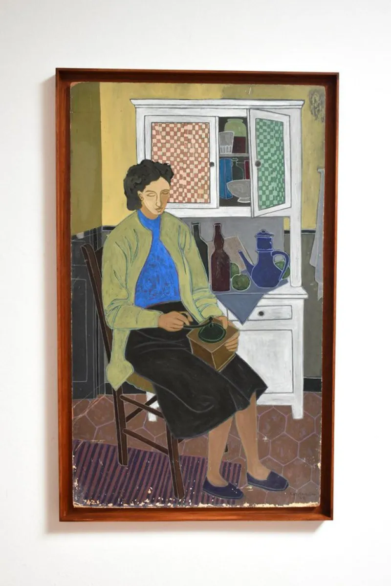Hot Pamono Woman's Portrait Grinding Pepper, 1950s, Oil on Board, Framed