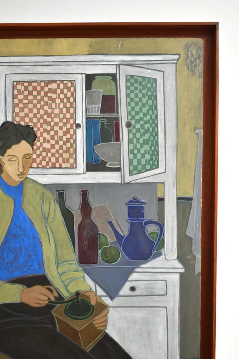 Hot Pamono Woman's Portrait Grinding Pepper, 1950s, Oil on Board, Framed