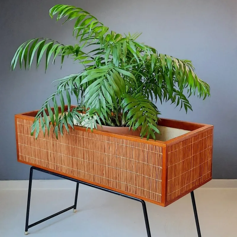 Pamono Wood and Rattan Planter, 1960s> Planters And Jardiniere