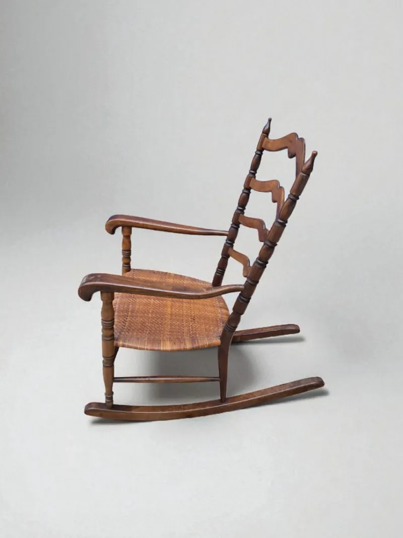 Hot Pamono Wood and Straw Childs Rocking Chair, Italy, 1950s