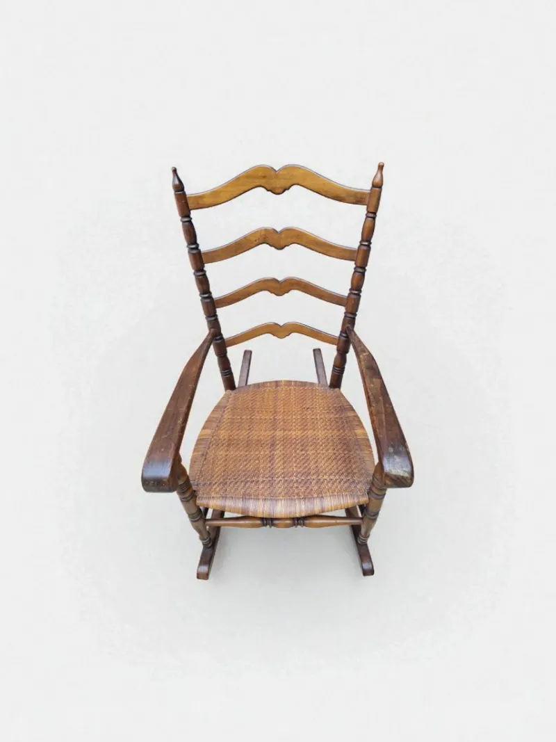 Hot Pamono Wood and Straw Childs Rocking Chair, Italy, 1950s