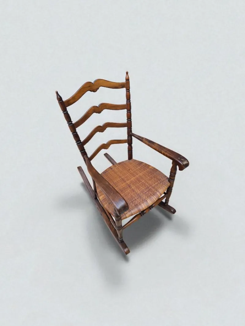 Hot Pamono Wood and Straw Childs Rocking Chair, Italy, 1950s
