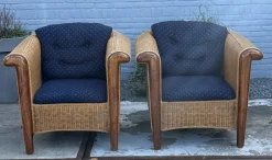 Pamono Wood and Wicker Armchairs, 1980s, Set of 2> Lounge Chairs & Armchairs