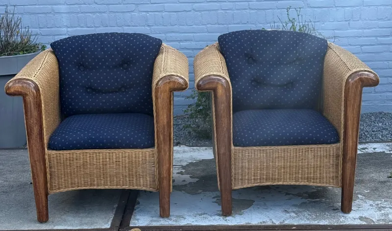 Pamono Wood and Wicker Armchairs, 1980s, Set of 2> Lounge Chairs & Armchairs