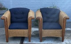 Pamono Wood and Wicker Armchairs, 1980s, Set of 2> Lounge Chairs & Armchairs