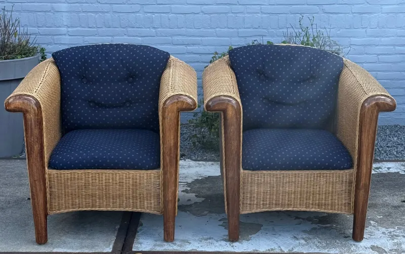 Pamono Wood and Wicker Armchairs, 1980s, Set of 2> Lounge Chairs & Armchairs