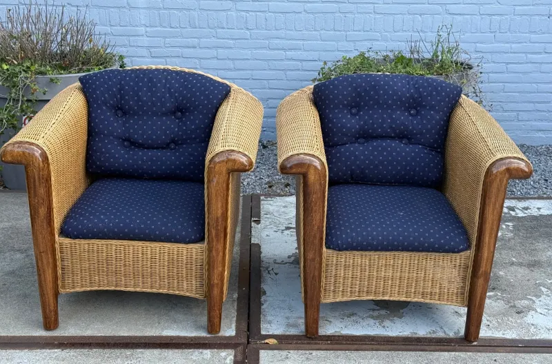 Pamono Wood and Wicker Armchairs, 1980s, Set of 2> Lounge Chairs & Armchairs