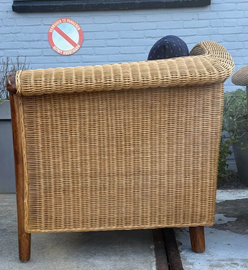 Pamono Wood and Wicker Armchairs, 1980s, Set of 2> Lounge Chairs & Armchairs