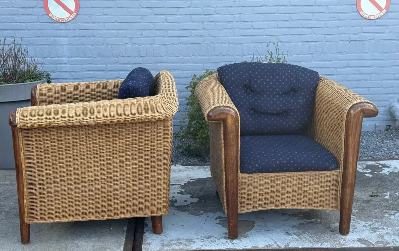 Pamono Wood and Wicker Armchairs, 1980s, Set of 2> Lounge Chairs & Armchairs