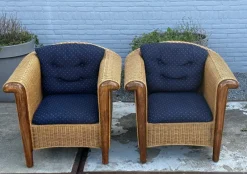 Pamono Wood and Wicker Armchairs, 1980s, Set of 2><noscript><img width=