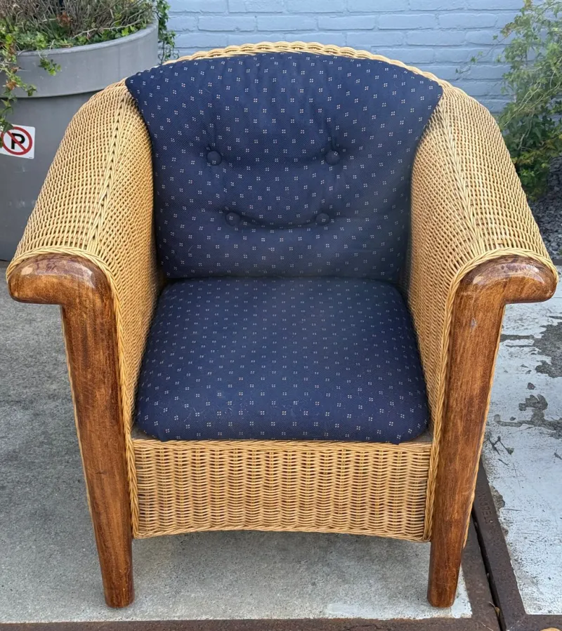 Pamono Wood and Wicker Armchairs, 1980s, Set of 2> Lounge Chairs & Armchairs