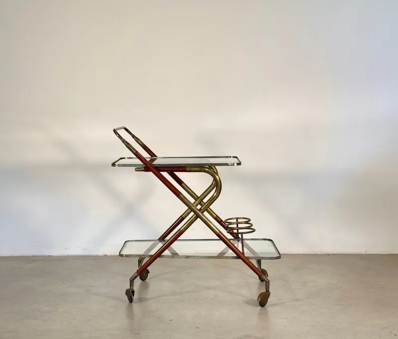 Pamono Wooden and Brass Bar Trolley by Cesare Lacca, 1960s> Serving Bar Carts & Trolleys