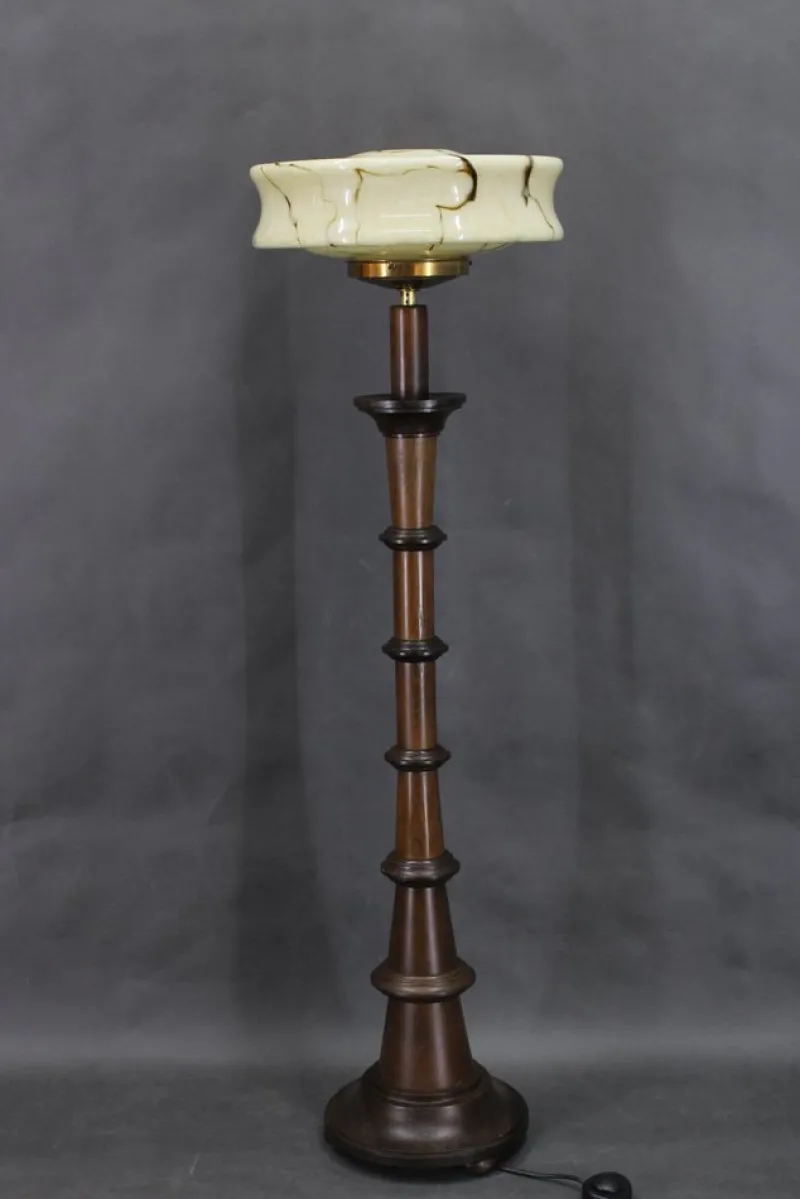Pamono Wooden Floor Lamp with Glass Shade, 1940s> Floor Lamps
