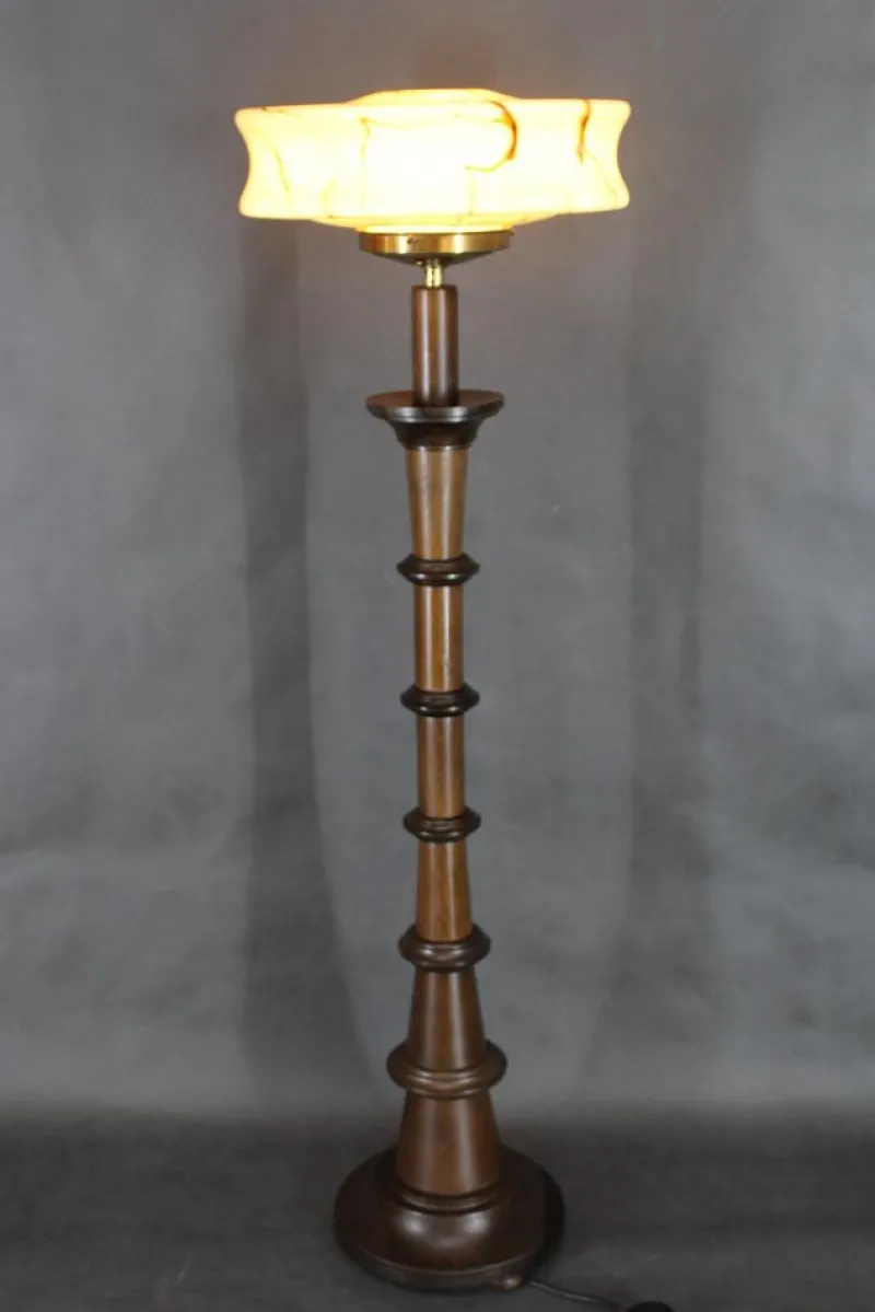 Pamono Wooden Floor Lamp with Glass Shade, 1940s> Floor Lamps