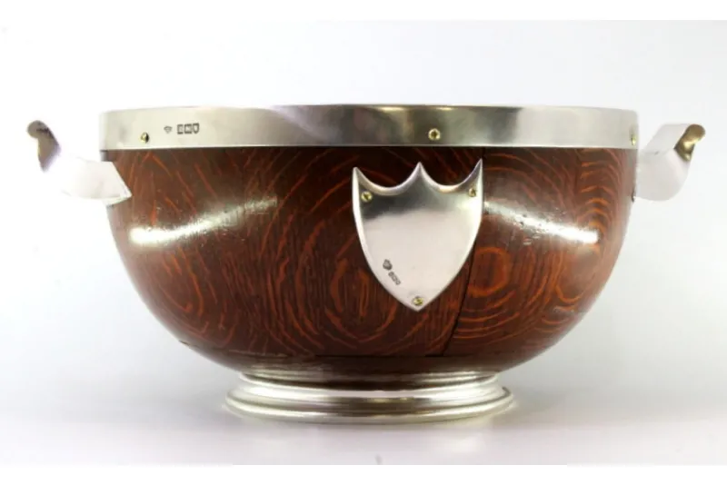 Online Pamono Wooden Salad Bowl with Silver Applications, Porcelain Core and Shield-Shaped Cards for Monograms