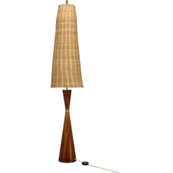 Pamono Wooden Table Lamp with Wicker Shade from Parker Knoll, Britain, 1960s> Table Lamps