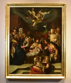 Sale Pamono Workshop of Hans (O Johann) von Achen, Adoration of the Shepherds, 1610, Oil on Canvas, Framed