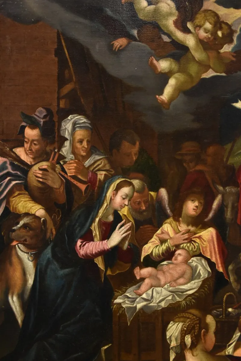 Sale Pamono Workshop of Hans (O Johann) von Achen, Adoration of the Shepherds, 1610, Oil on Canvas, Framed