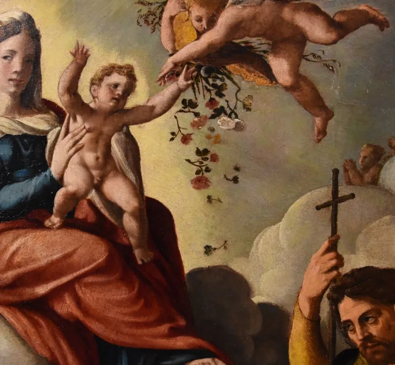 Pamono Workshop of Ippolito Scarsella / Lo Scarsellino, Madonna and Child with Saint James, 1590, Oil on Board> Old Masters|Classical