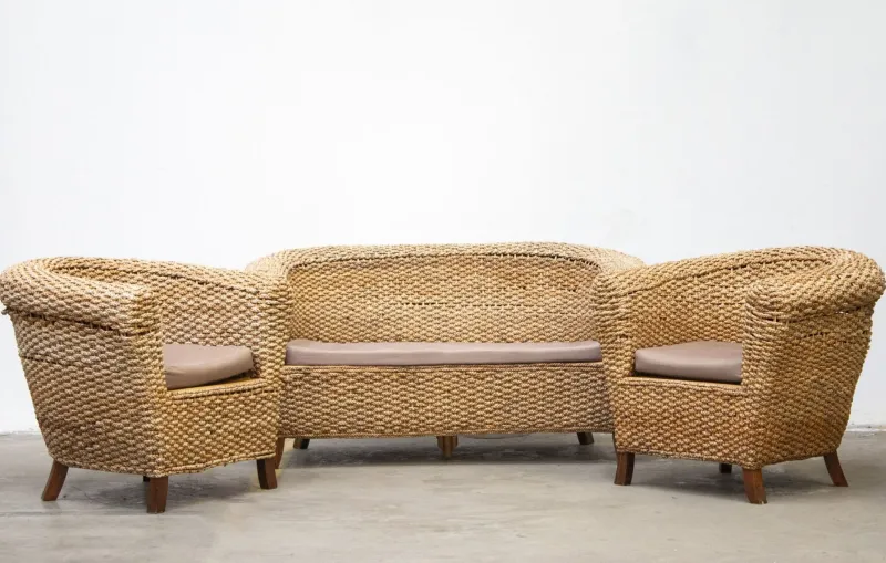 Pamono Woven Banana Garden Sofa and Armchairs, 1980s, Set of 3> Garden Seating