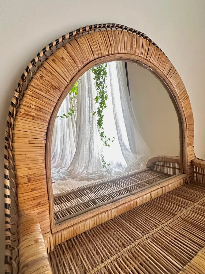 Pamono Woven Rattan and Wicker Shelf Mirror in the style of Emmanuelle, Spain, 1970s> Mirrors
