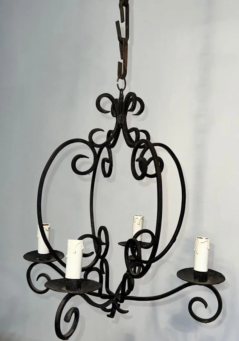 Pamono Wrought Iron Chandelier with 4 Light Arms> Ceiling Lights
