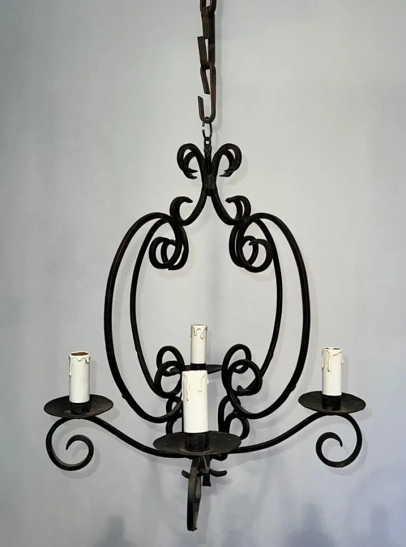 Pamono Wrought Iron Chandelier with 4 Light Arms> Ceiling Lights