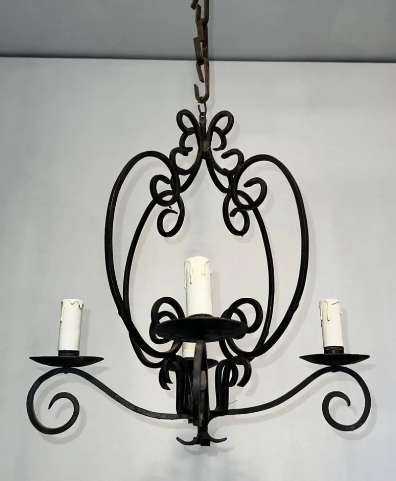 Pamono Wrought Iron Chandelier with 4 Light Arms> Ceiling Lights