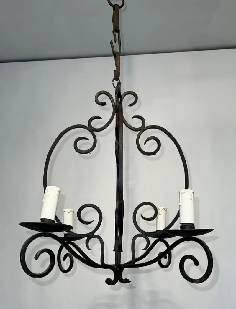 Pamono Wrought Iron Chandelier with 4 Light Arms> Ceiling Lights