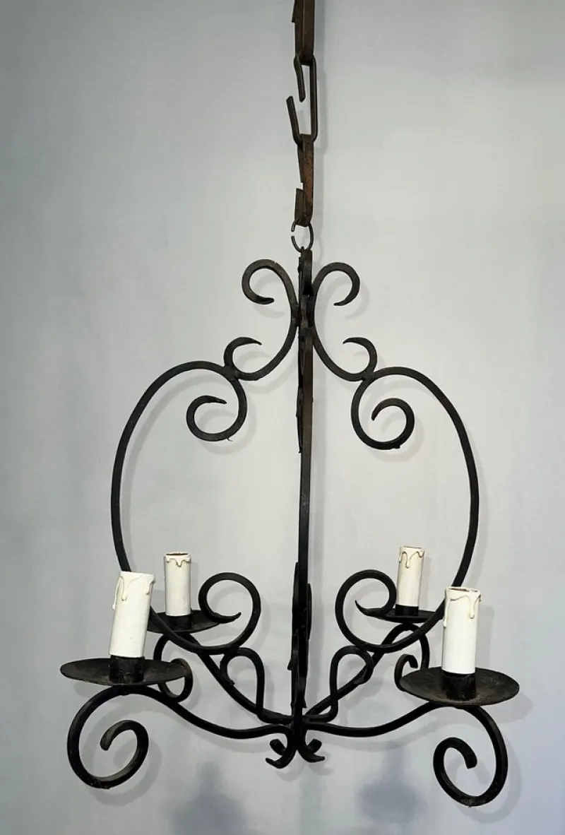 Pamono Wrought Iron Chandelier with 4 Light Arms> Ceiling Lights
