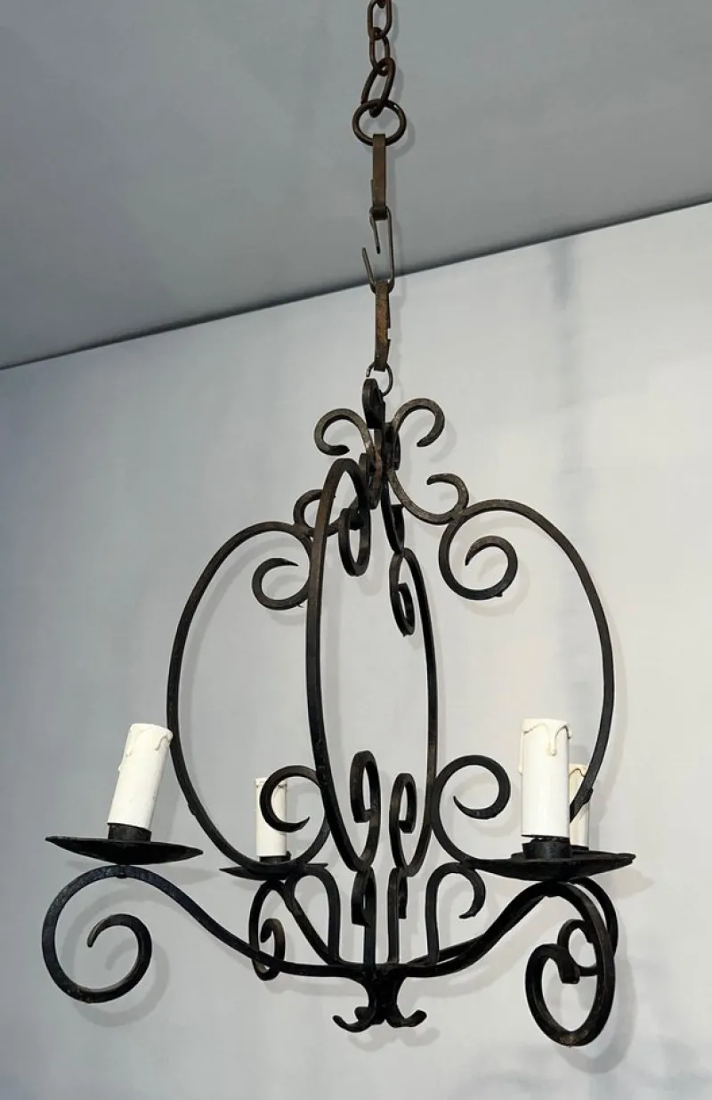 Pamono Wrought Iron Chandelier with 4 Light Arms> Ceiling Lights