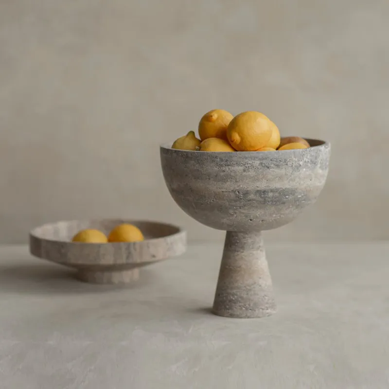 Pamono XL Silver Travertine Pedestal Bowl from Kiwano Concept> Tabletop|Bowls