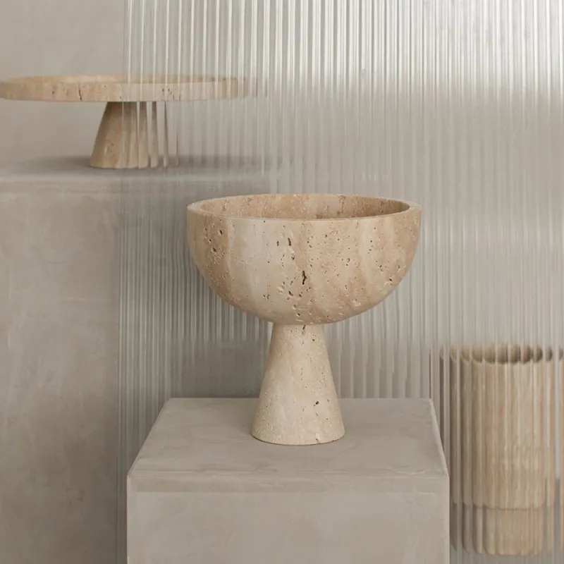 Pamono XL Travertine Pedestal Bowl from Kiwano Concept> Tabletop|Bowls